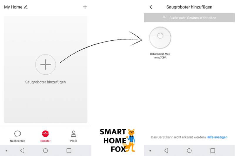 Screenshots aus der Roborock App zeigen, wie ein Saugroboter in die App eingebunden wird